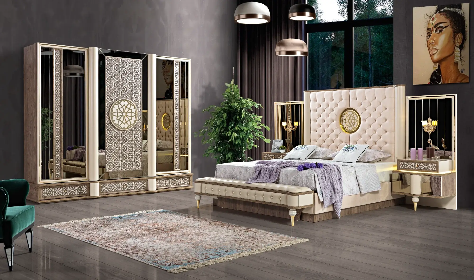 Gardırop + Şifonyer + 2 Komodin + Karyola + Başlık